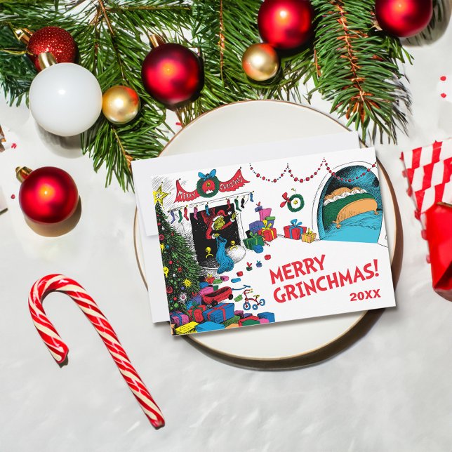 Cartão De Festividades Grinch Clássico | Grinch na Chaminé (Card on table)