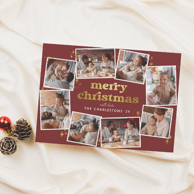 Cartão De Festividades Groovy Red & Dourado Felry Natal 8 Colagem de Foto (Criador carregado)