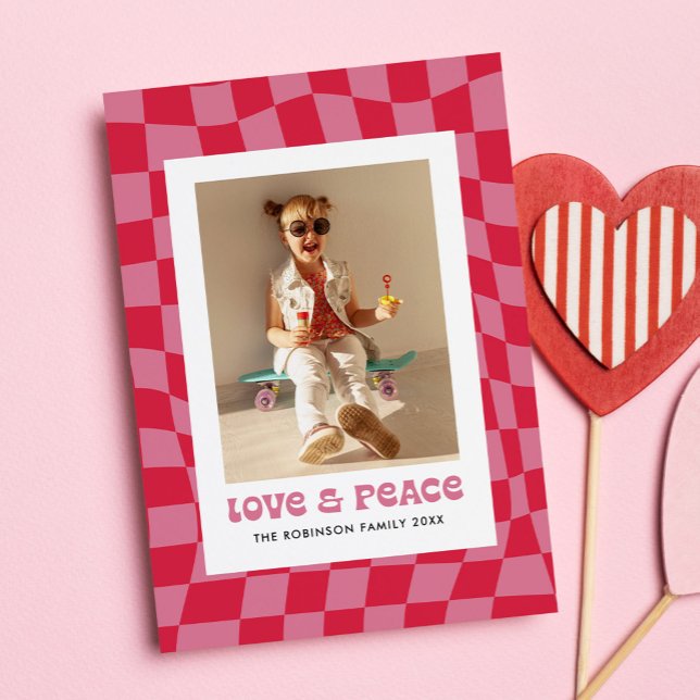 Cartão De Festividades Groovy Retro Checkerboard Valentine's Day Photo (Groovy, retro photo Valentine's Day photo card with "love & peace" message)