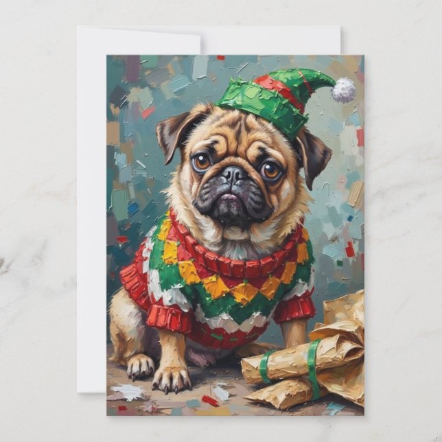 Cartão De Festividades Grumpy Pug Dog in Elf Hat Funny Christmas Art (Frente)