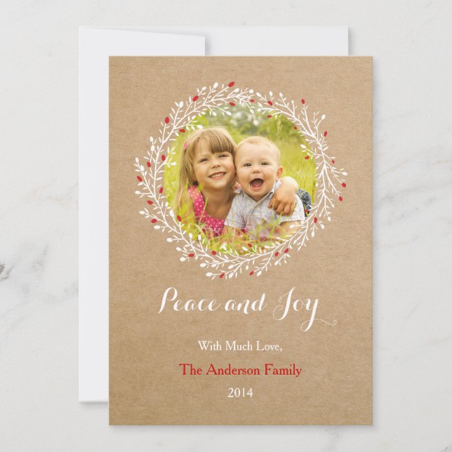 Cartão De Festividades Grupo Rustic Wreath Peace and Joy Holiday Card (Frente)