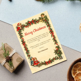 Cartão De Festividades Guarlanda de Natal Vintage com Crianças e Folhagen