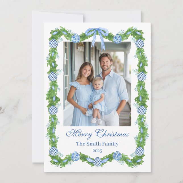 Cartão De Festividades Guirlanda de Chinoiserie Azul e Branco Grandmillen (Frente)