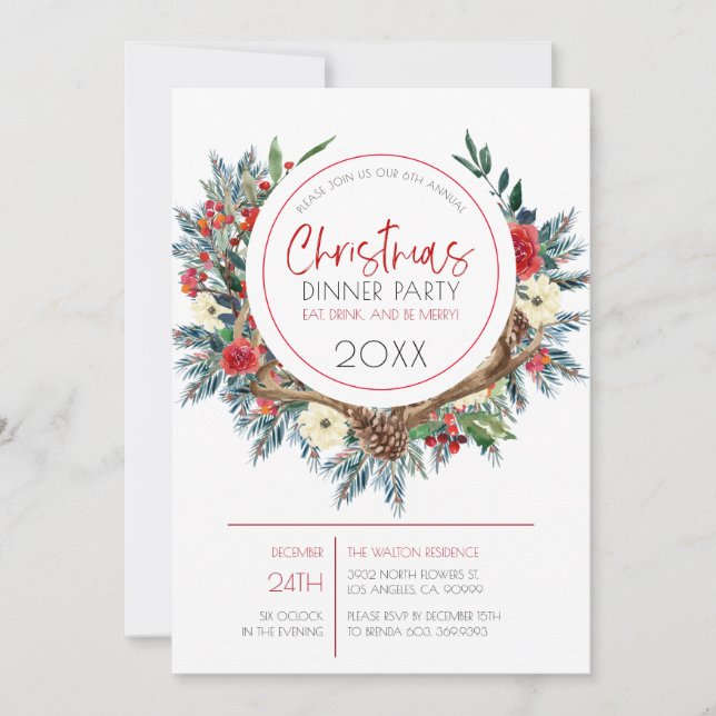 Cartão De Festividades Guirlanda de flores de Natal com chifres de veado (Frente)