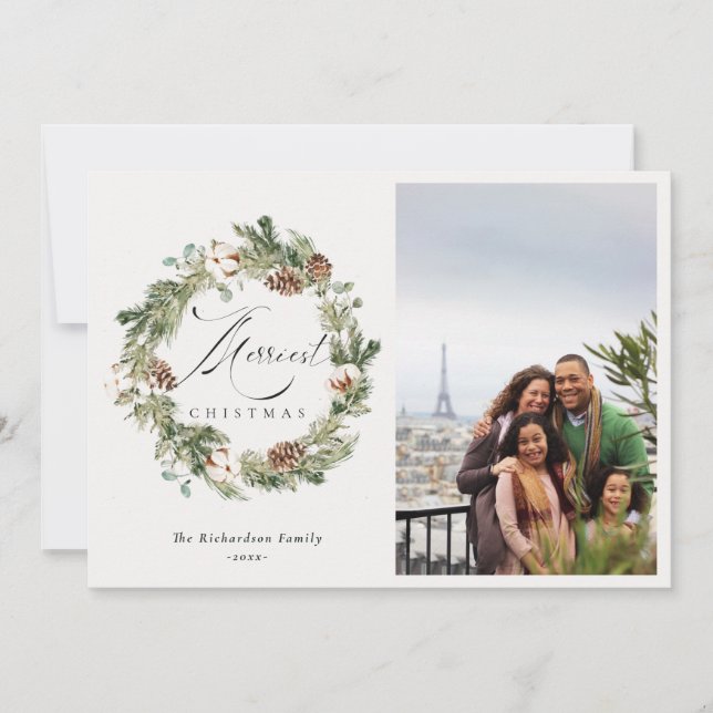 Cartão De Festividades Guirlanda de Natal com Foto de Pinha de Algodão Rú (Frente)