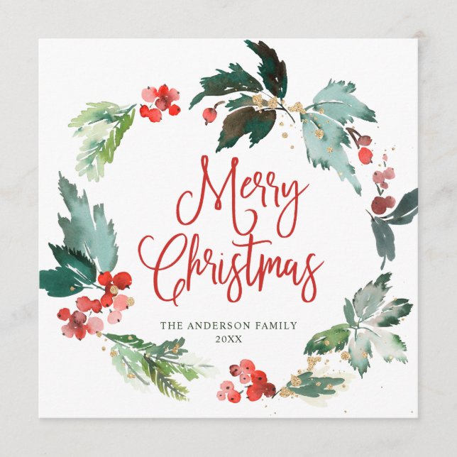 Cartão De Festividades Guirlanda de Natal de Azevinho e Frutas Natalícia (Frente)