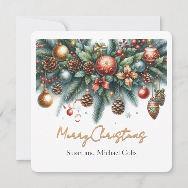 Cartão De Festividades Guirlanda de Natal Verde e Dourado (Frente)