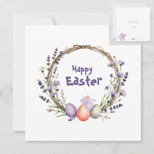 Cartão De Festividades Guirlanda de Páscoa em Aquarela Lavanda Ovos Coelh