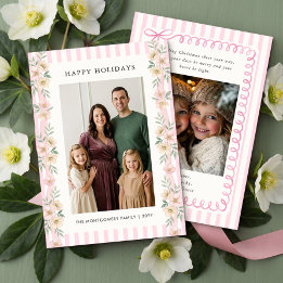 Cartão De Festividades Guirlanda Floral com Listra Rosa Feliz Natal