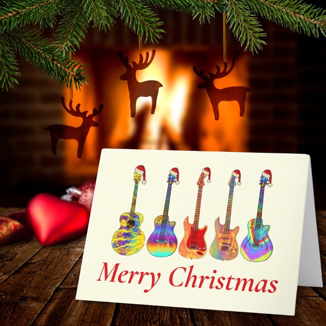 Cartão De Festividades Guitar Natal Engraçado Psicodélico Música Festiva  (Guitar Merry Christmas music themed holiday card)