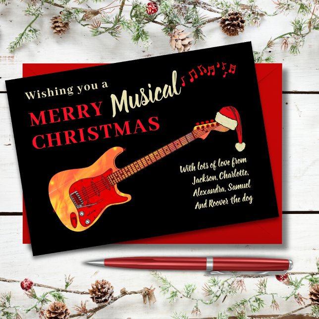 Cartão De Festividades Guitarra de Natal Personalizada (Merry musical christmas red and black cool electric fire guitar themed holiday card)