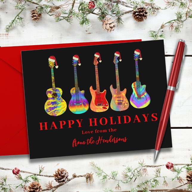 Cartão De Festividades Guitarras de Natal Personalizadas (Cool guitar colorful happy holidays greetings card black and red typography )