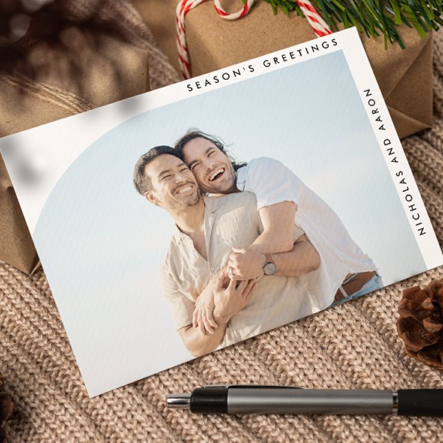 CARTÃO DE FESTIVIDADES HALF ARCH SIMPLES NATAL HOLIDAY DUAS FOTOS (BOHO ARCH SHAPED SINGLE PHOTO CHRISTMAS HOLIDAY GREETING CARD, EXTRA PHOTO ON THE BACK. GAY LESBIAN )