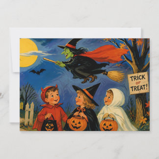 Cartão De Festividades Halloween Antigo Crianças e Bruxa Voadora