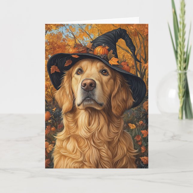 Cartão De Festividades Halloween da Bruxa do Retriever de ouros (Frente)