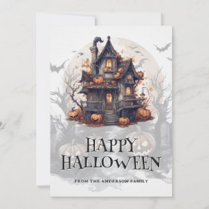 Cartão De Festividades Halloween do Hunted House Bats Pumpkins Feliz Hall