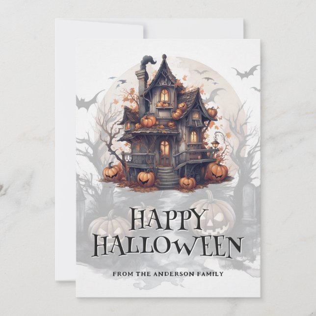 Cartão De Festividades Halloween do Hunted House Bats Pumpkins Feliz Hall (Frente)