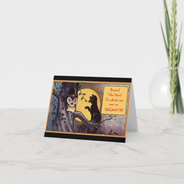 Cartão De Festividades Halloween Gato Preto Vintage (Frente)