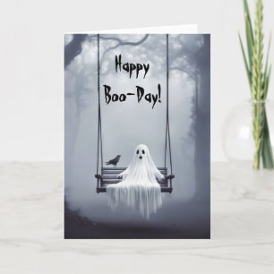 Cartão De Festividades Halloween Ghost Em Um Balançar Com Raven