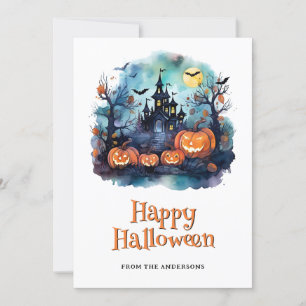 Cartão De Festividades Halloween Haunted Mansion Pumpkins Bats Ghost