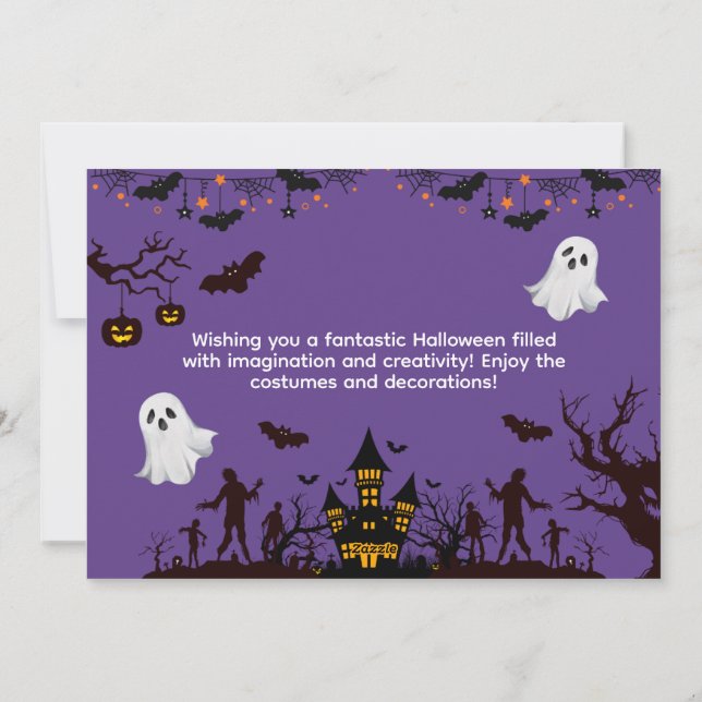 Cartão De Festividades Halloween Ilustrativo Roxo e Preto (Verso)