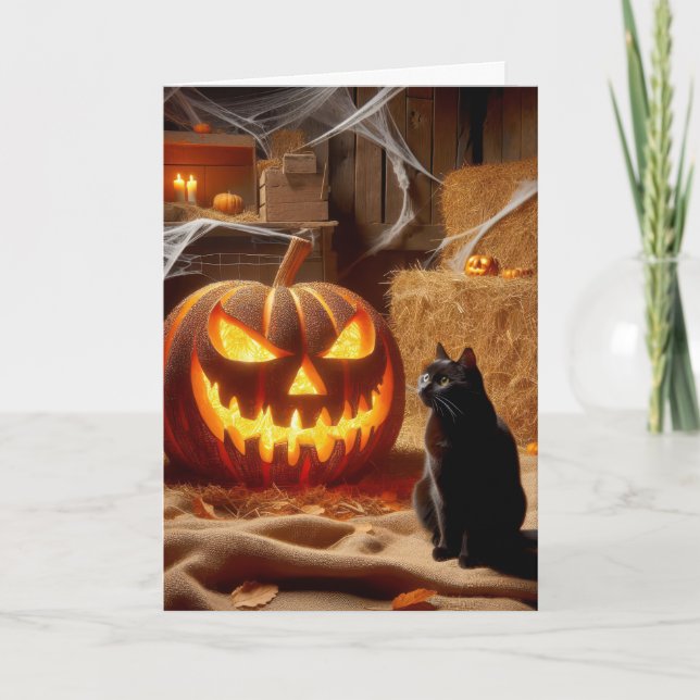Cartão De Festividades Halloween Jack-o-Lanterna e Gato em Barn (Frente)