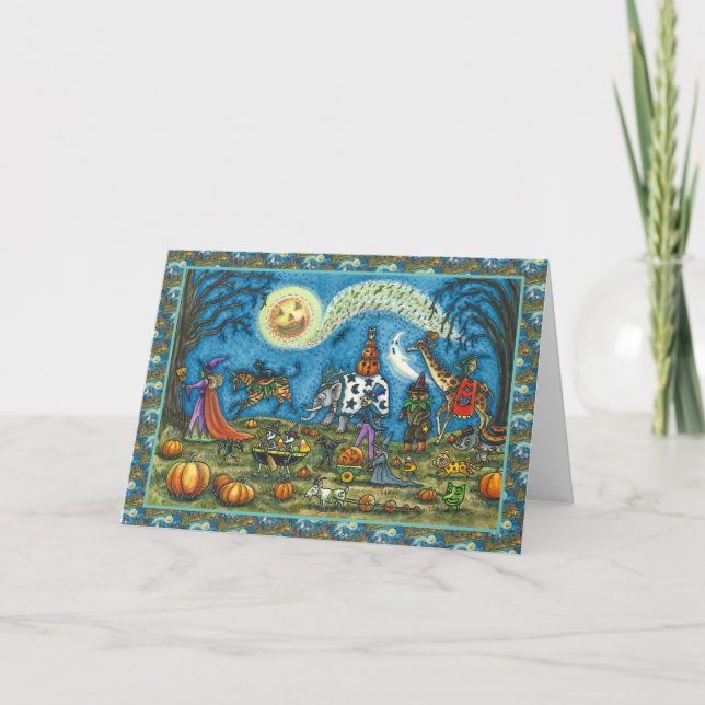 Cartão De Festividades HALLOWEEN PARADE Bruxa Girafa Zebra VAZIO Skelly (Frente)