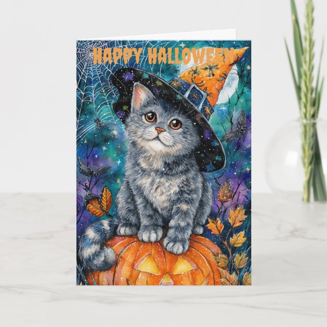 Cartão De Festividades Halloween Russian Blue Cat (Frente)