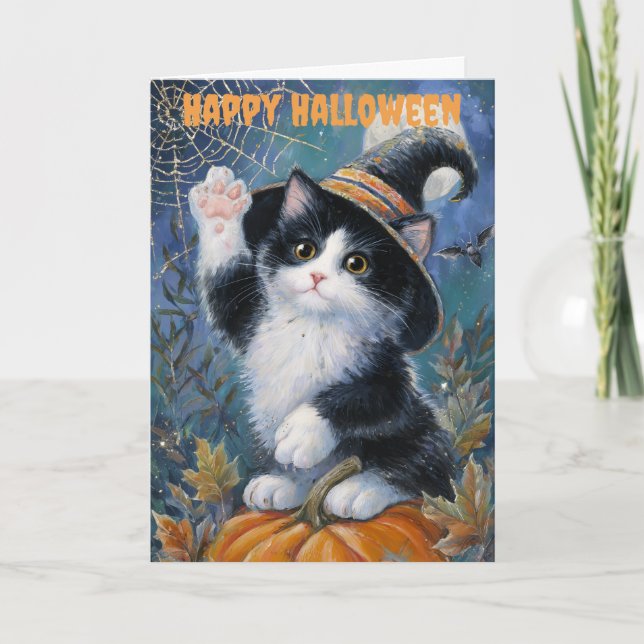 Cartão De Festividades Halloween Tuxedo Cat (Frente)
