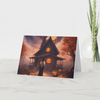 Cartão De Festividades Halloween witch heading to her haunted house card