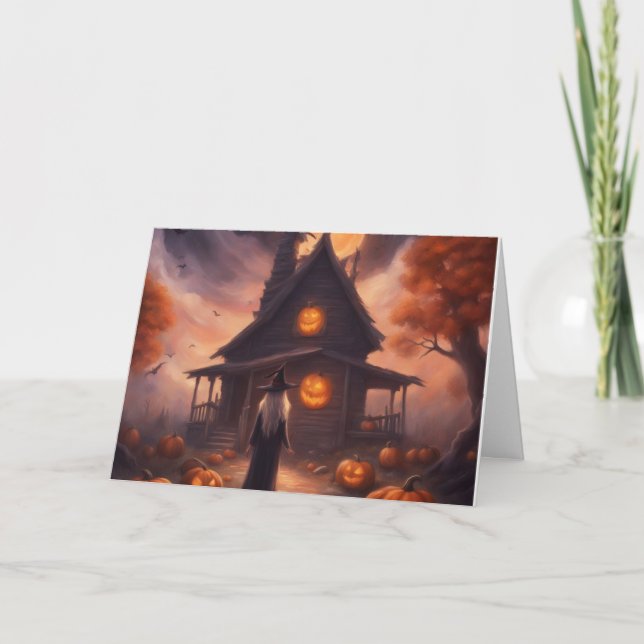 Cartão De Festividades Halloween witch heading to her haunted house card (Frente)