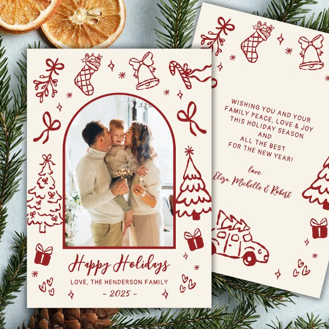 Cartão De Festividades Hand-Drawn Arch Photo Red Beige Christmas Happy (Criador carregado)