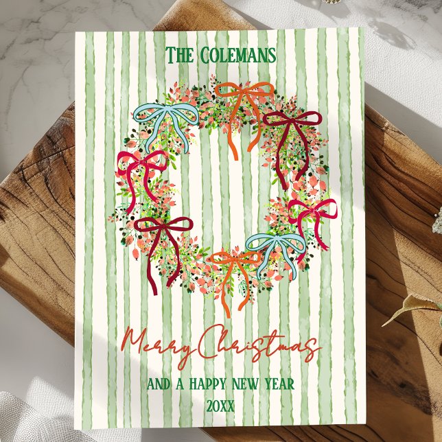 Cartão De Festividades Hand Drawn bow christmas wreath new year greetings (Criador carregado)
