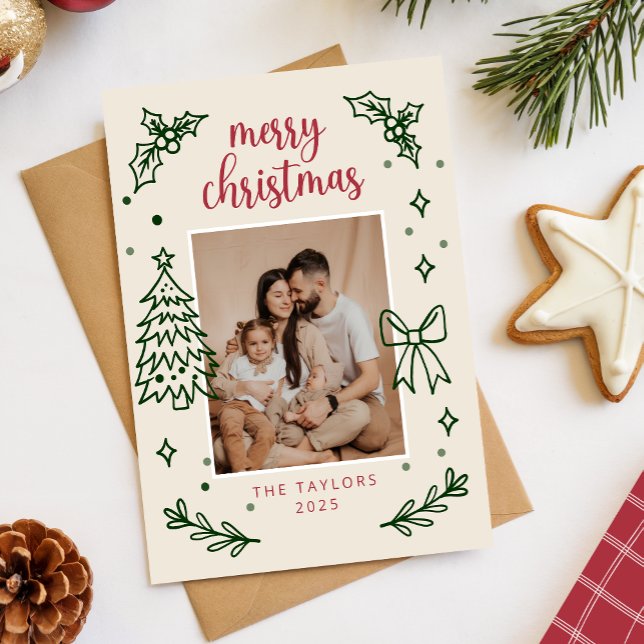 Cartão De Festividades Hand Drawn Bow Minimalist Family Christmas Photo (Criador carregado)