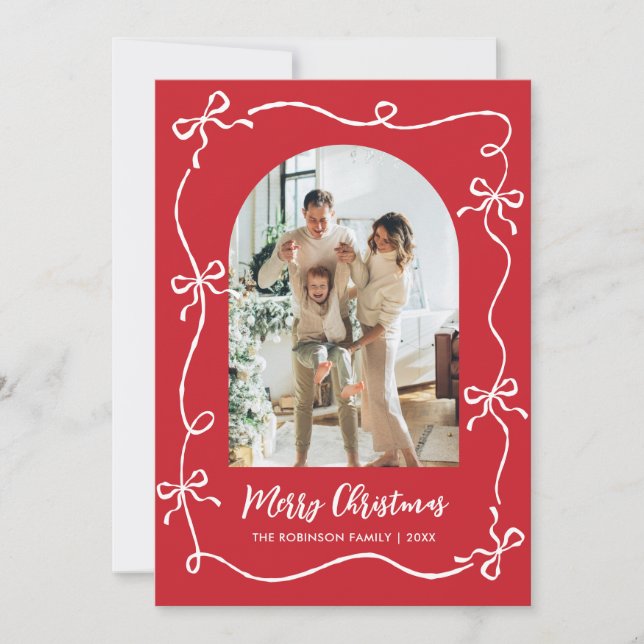 Cartão De Festividades Hand Drawn Bows Arch 2 Photo Merry Christmas Red (Frente)