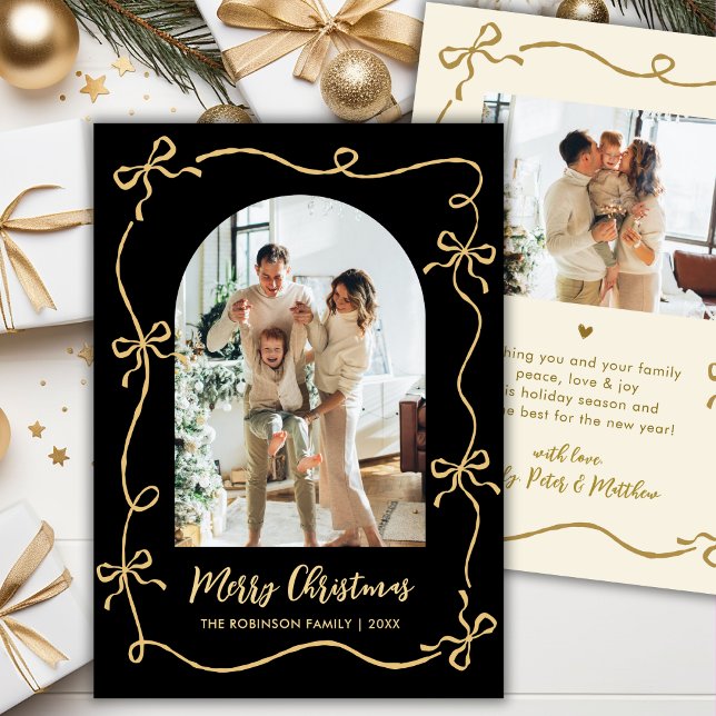 Cartão De Festividades Hand Drawn Bows Arch Photo Merry Christmas Black (Criador carregado)