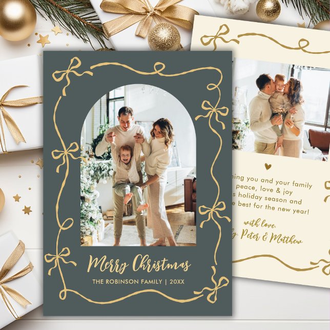 Cartão De Festividades Hand Drawn Bows Arch Photo Merry Christmas Green  (Criador carregado)