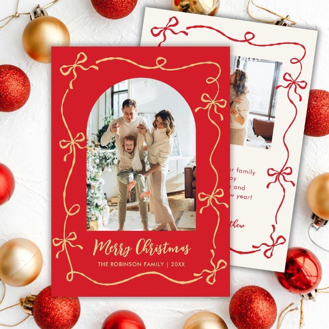 Cartão De Festividades Hand Drawn Bows Arch Photo Merry Christmas Red (Criador carregado)
