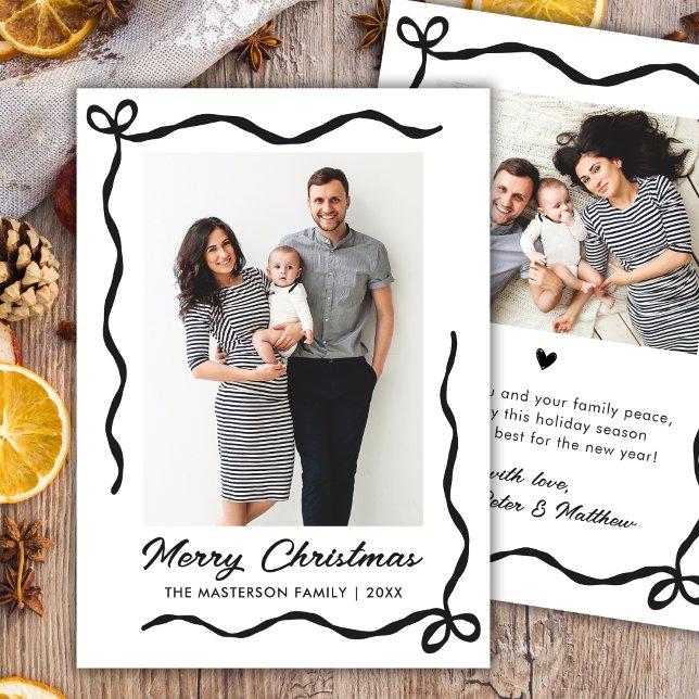 Cartão De Festividades Hand Drawn Coquette Bow 2 Photo Merry Christmas  (Criador carregado)