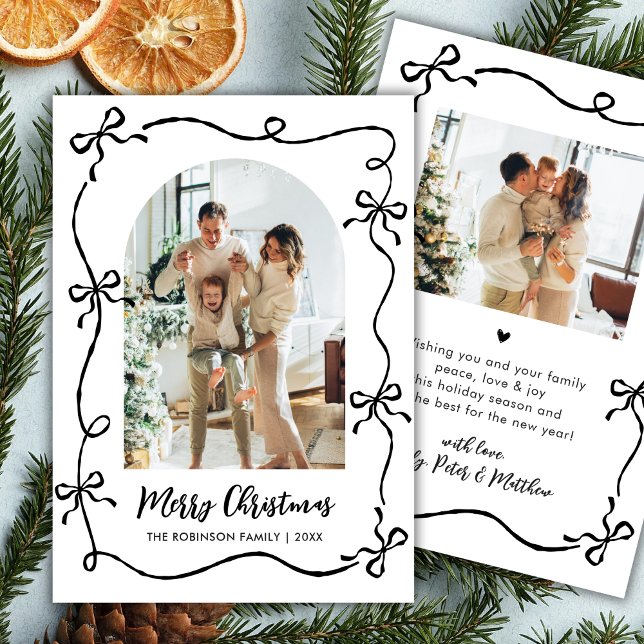 Cartão De Festividades Hand Drawn Coquette Bow Arch Photo Merry Christmas (Criador carregado)
