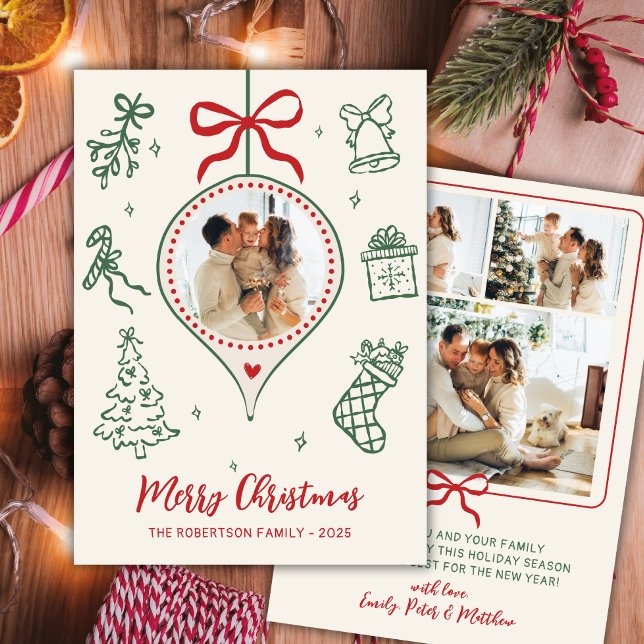 Cartão De Festividades Hand-Drawn Doodle Green Red Photo Merry Christmas (Criador carregado)