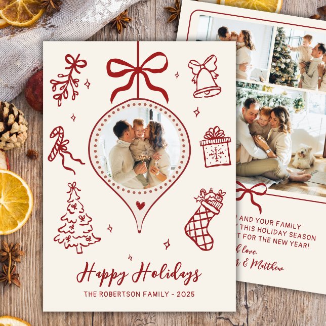 Cartão De Festividades Hand-Drawn Doodle Ivory Red Photo Christmas Happy (Criador carregado)