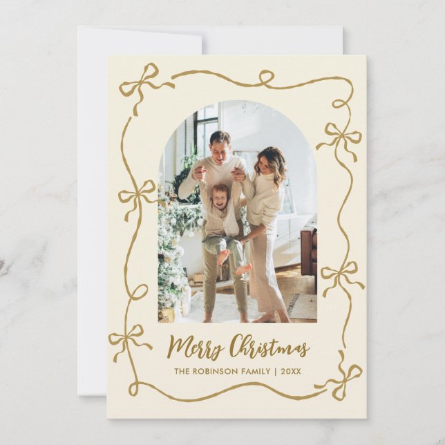 Cartão De Festividades Hand Drawn Gold Bows Arch Photo Merry Christmas (Frente)