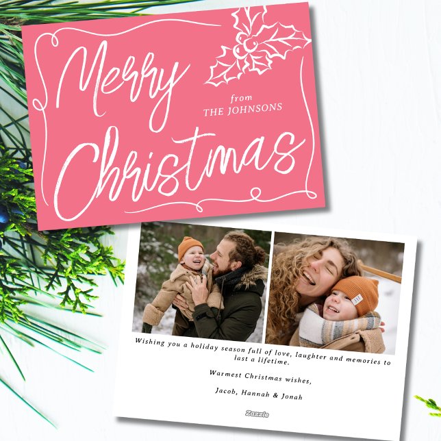 Cartão De Festividades Hand Drawn Holly Berry Bubblegum 2 Foto Natal (Criador carregado)