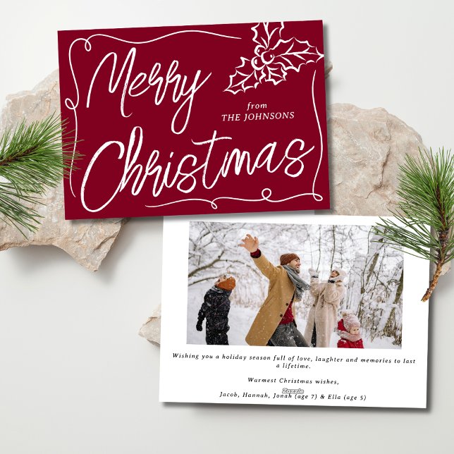 Cartão De Festividades Hand Drawn Holly Berry Burgundy Foto Natal (Criador carregado)