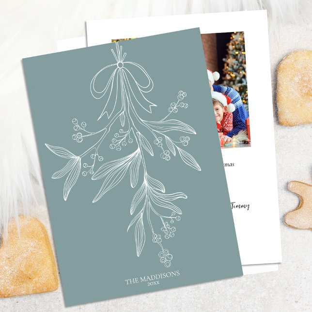 Cartão De Festividades Hand Drawn Mistletoe & Bow Christmas Dusty Green (Criador carregado)