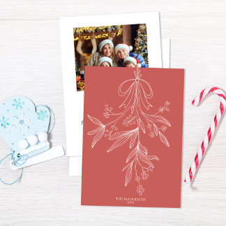 Cartão De Festividades Hand Drawn Mistletoe & Bow Christmas Dusty Red