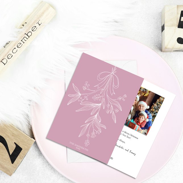Cartão De Festividades Hand Drawn Mistletoe & Bow Christmas Pink (Criador carregado)