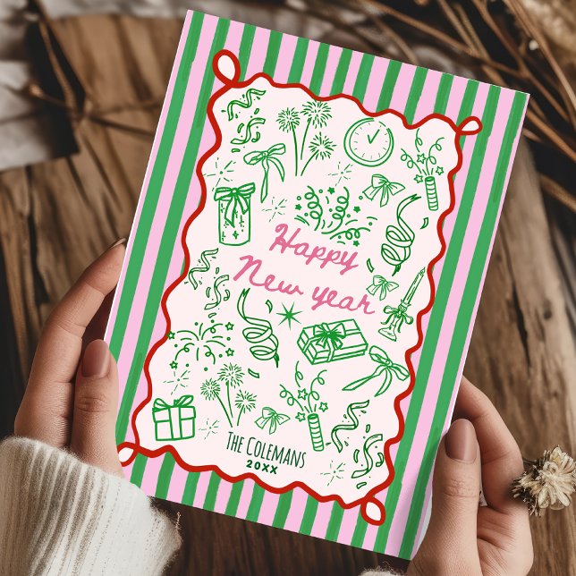 Cartão De Festividades Hand Drawn pink green happy new year greetings (Criador carregado)