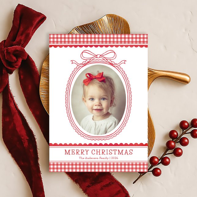 Cartão De Festividades Hand-Drawn Red Bow Ribbon Christmas Holiday Photo (Criador carregado)
